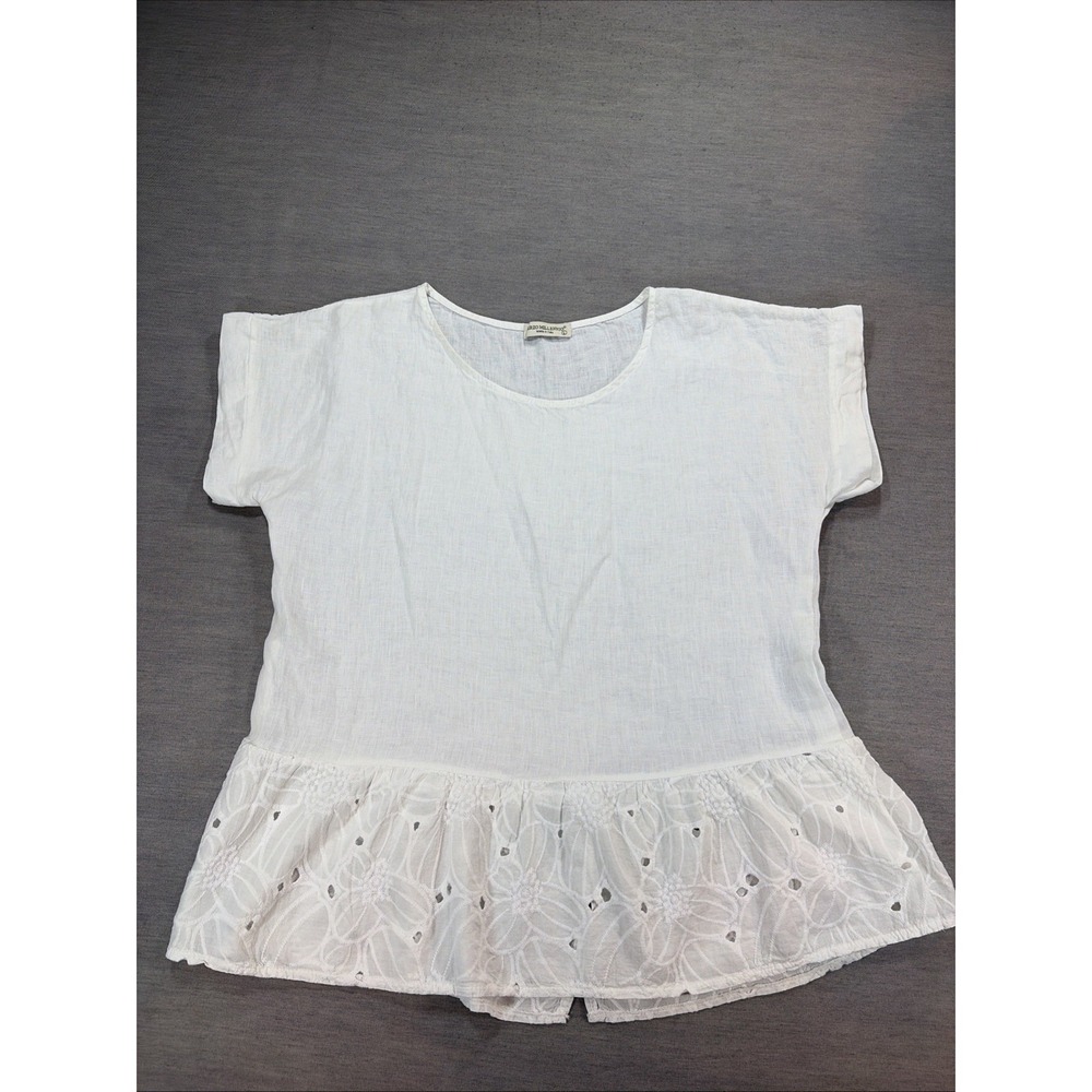 Terzo Millennio women's LARGE white LINEN/COTTON Eyelet ruffle TOP Italy